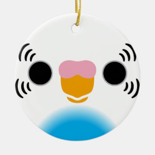 The face of a sky blue recessive pied budgie ceramic tree decoration