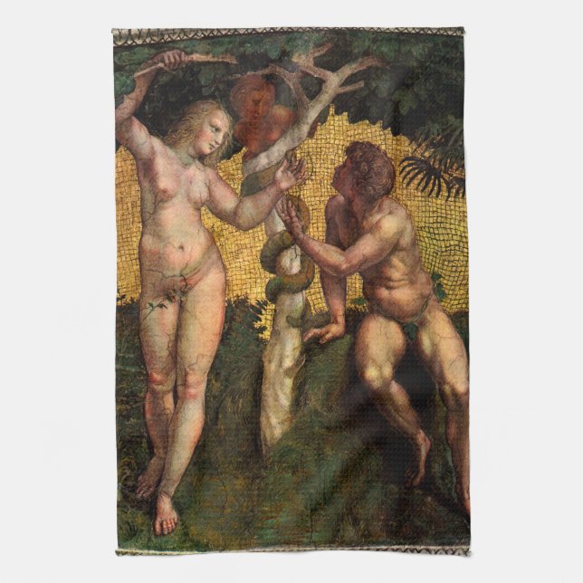 The Fall - Adam and Eve by Raphael Sanzio Tea Towel (Vertical)