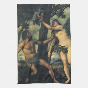 The Fall of Man; Adam and Eve by Titian Tea Towel