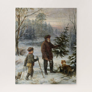 The Family Christmas Tree vintage snowy landscape Jigsaw Puzzle