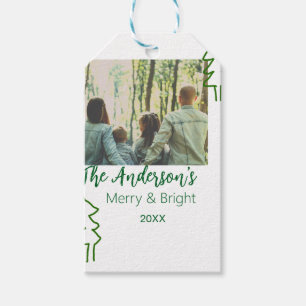 The family name green Christmas tree photo modern Gift Tags