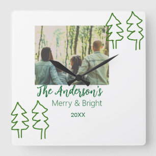 The family name green Christmas tree photo modern Square Wall Clock
