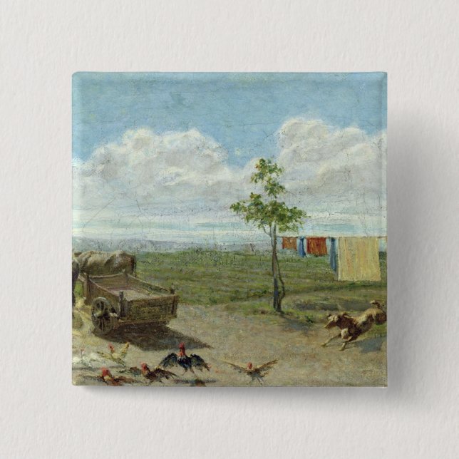 The Farmyard (oil on canvas) 15 Cm Square Badge (Front)