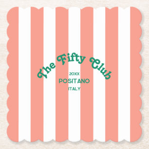 The Fifty Club Peach Beach Stripe 50th Birthday Paper Coaster