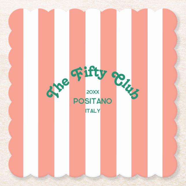 The Fifty Club Peach Beach Stripe 50th Birthday Paper Coaster (Front)
