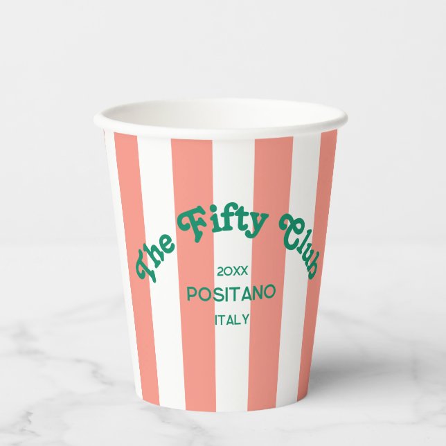 The Fifty Club Peach Beach Stripe 50th Birthday  Paper Cups (Front)