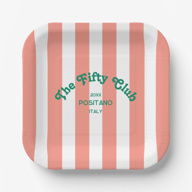 The Fifty Club Pink Cabana Stripe 50th Birthday  Paper Plate (Front)