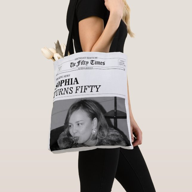 The Fifty Times Newspaper 50th Birthday Party Tote Bag (Close Up)