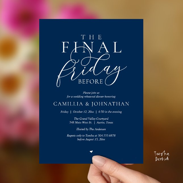“The Final Friday Before” Romance Rehearsal Dinner Invitation (“The Final Friday Before” Romance Rehearsal Dinner Invitation Card in Navy Blue)