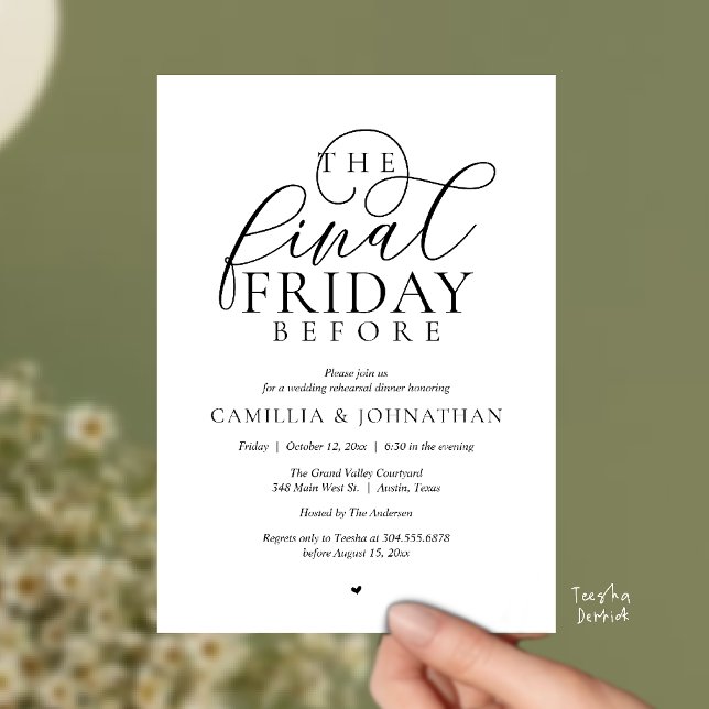 “The Final Friday Before” Romance Rehearsal Dinner Invitation (“The Final Friday Before” Romance Rehearsal Dinner Celebration Invitation Card in black and white)