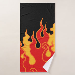 The fire. Flame tongues on a black background. Vin Bath Towel