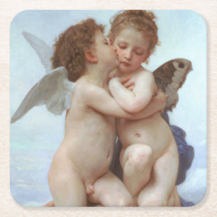 The First Kiss, Amor and Psyche, Bouguereau Square Paper Coaster