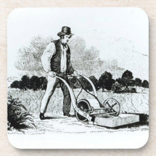 The first lawnmower (engraving) (b/w photo) coaster