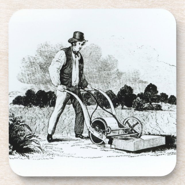 The first lawnmower (engraving) (b/w photo) coaster (Front)