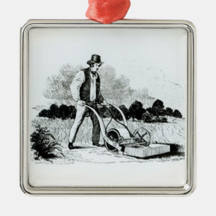 The first lawnmower (engraving) (b/w photo) metal tree decoration