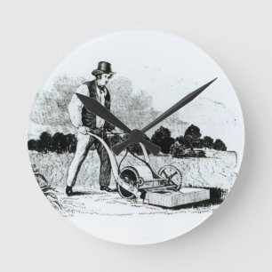 The first lawnmower (engraving) (b/w photo) round clock
