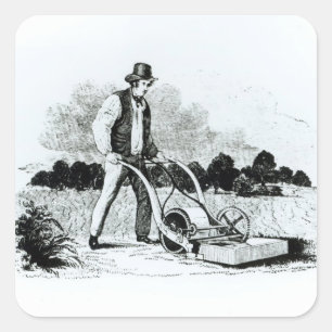 The first lawnmower (engraving) (b/w photo) square sticker