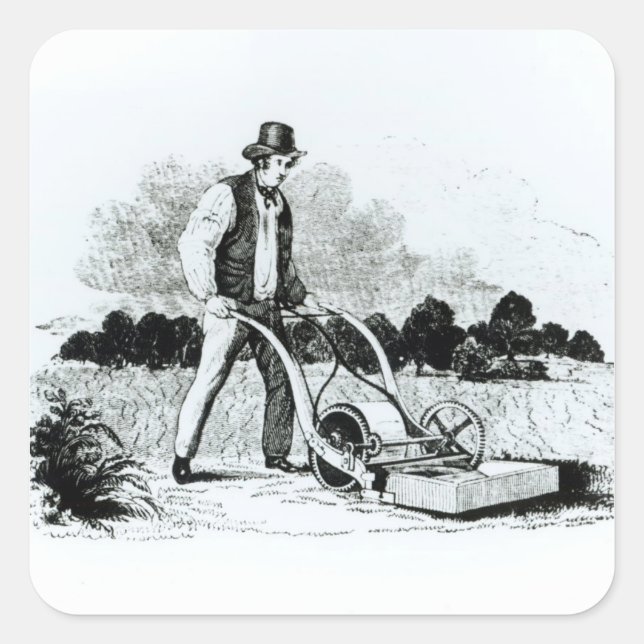 The first lawnmower (engraving) (b/w photo) square sticker (Front)