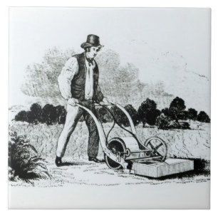 The first lawnmower (engraving) (b/w photo) tile