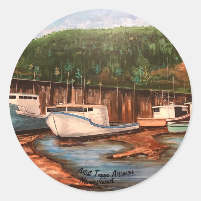 The Fishing Village Original Hand Painted Artwork Classic Round Sticker (Front)