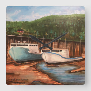 The Fishing Village Original Hand Painted Artwork Square Wall Clock
