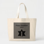 The Flame & Star - Large Tote Bag<br><div class="desc">This image is a flame from a candle. A star around the flame represents Hanukkah. Done in a black tattoo. A black backround was also added. "Happy Hanukkah 2014" is printed on this design. Customise with your own words. These totes are available in assorted styles,  colours and sizes.</div>