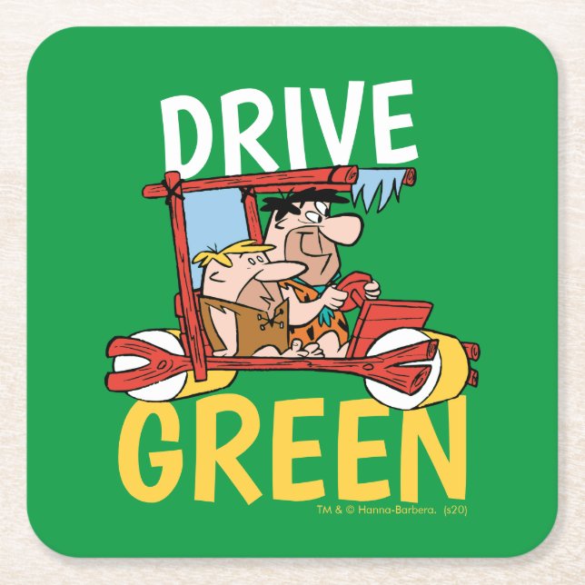 The Flintstones | Fred & Barney - Drive Green Square Paper Coaster (Front)