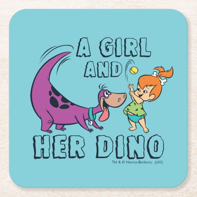 The Flintstones | Pebbles & Dino Play Ball Square Paper Coaster (Front)