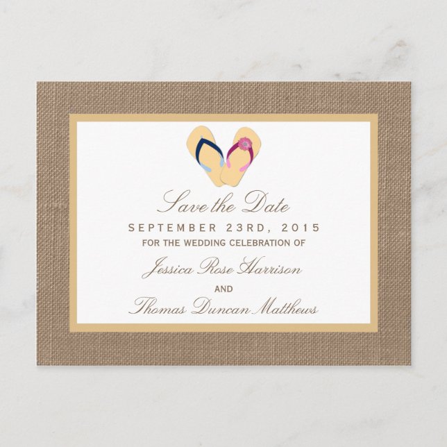 The Flip-Flop Sand Beach Burlap Wedding Collection Announcement Postcard (Front)
