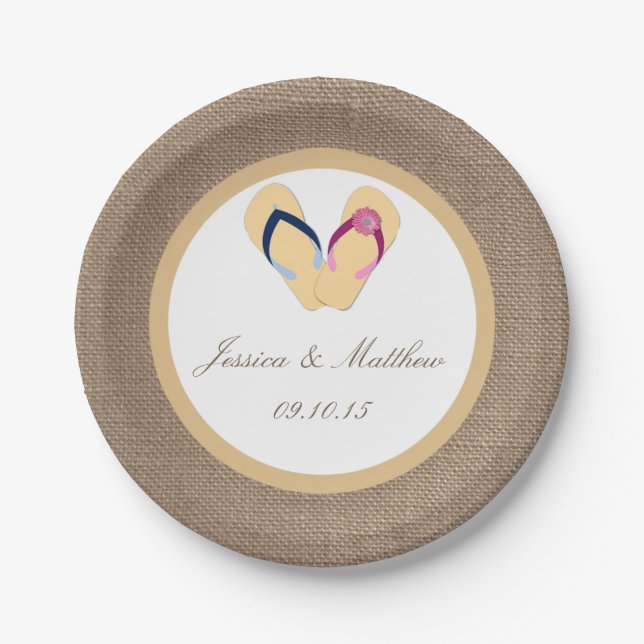 The Flip-Flop Sand Beach Burlap Wedding Collection Paper Plate (Front)