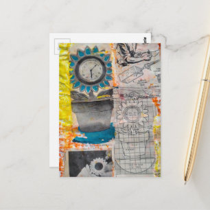 The Flower Clock Plans Retro Mixed Media Collage Postcard