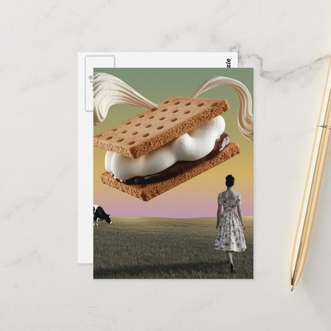 The flying chocolate marshmellow dessert treat postcard (Front/Back In Situ)