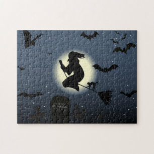 the flying witch halloween scene jigsaw puzzle