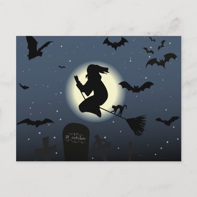 the flying witch halloween scene postcard (Front)