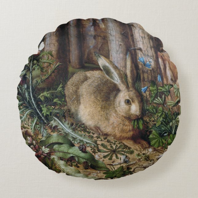 The Forest Hare,Antique Wildlife Paintings Round Cushion (Front)