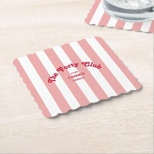 The Forty Club Pink Cabana Stripe 40th Birthday Paper Coaster