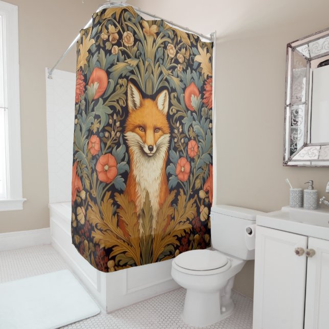 The fox and red flowers art nouveau style shower curtain (In Situ)