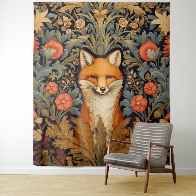 The fox and red flowers art nouveau style tapestry (In Situ)