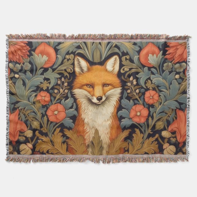 The fox and red flowers art nouveau style throw blanket (Front)