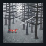The Fox and the Forest Square Wall Clock<br><div class="desc">A wild red fox stands among the pine trees in a dark forest.  A landscape painting for wildlife,  nature and animal lovers.</div>