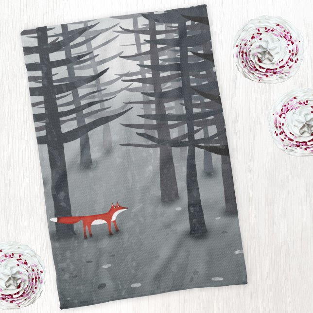 The Fox and the Forest Tea Towel (Fox and forest woodland landscape art kitchen tea towel)