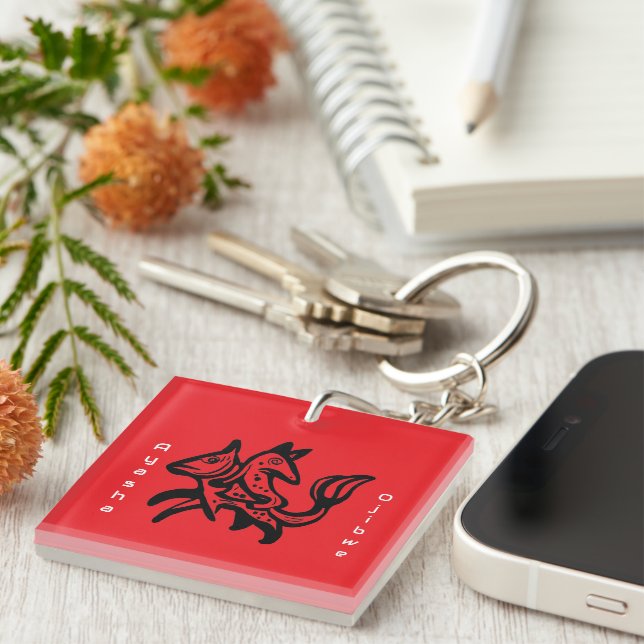 The Fox and The Trout | Native Wildlife Art Red Key Ring (Front Right)