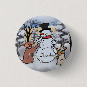 The friendship of snowman, dog and cat   funny  3 cm round badge