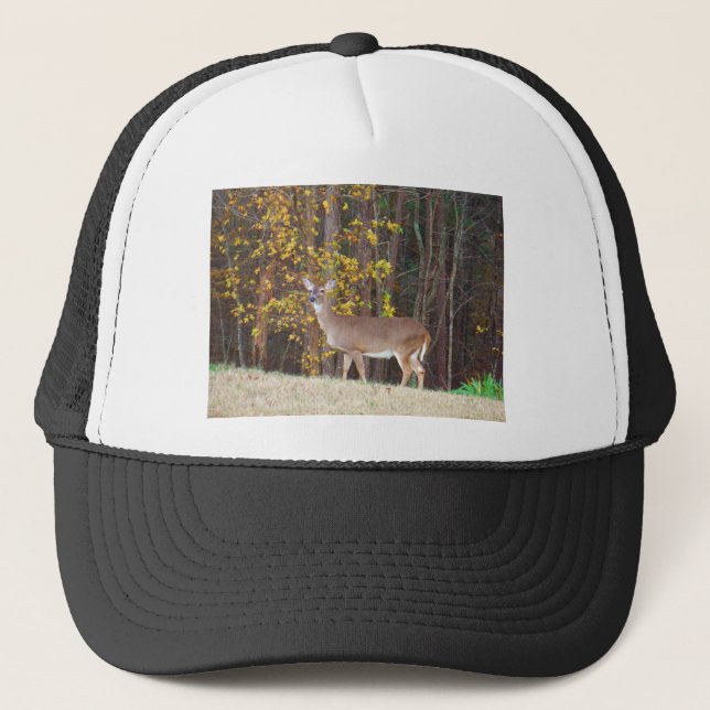 The Front of Yellow Autumn Tree Trucker Hat (Front)
