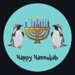 The Frozen Chosen Hannukah Classic Round Sticker<br><div class="desc">Graphic illustration of penguins enjoying the Hannukah menorah lights.  Celebrate the miracles of Chanukah all eight nights!</div>