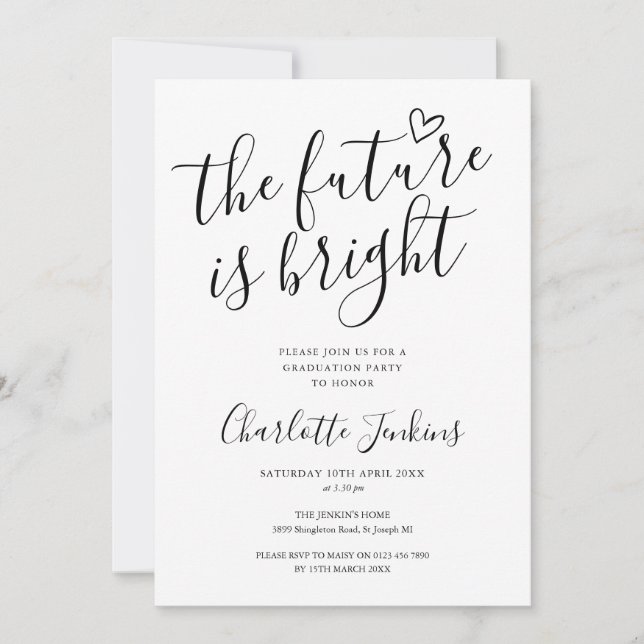 The Future Is Bright Script Heart Graduation Party Invitation (Front)