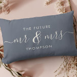 The Future Mr and Mrs Elegant Script Dusty Blue Lumbar Cushion<br><div class="desc">Celebrate your love with this chic and romantic throw pillow featuring your future Mr & Mrs family name in charcoal vintage script calligraphy lettering. Choose your own background colour under customise further. This would make the perfect gift for a bridal shower, engagement, or Valentine's Day. The dusty blue and ivory...</div>