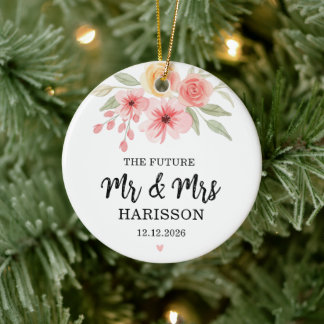 The Future Mr and Mrs Floral Watercolor Couple Ceramic Tree Decoration