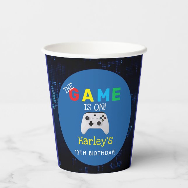 The Game Is On! Custom Photo Video Game Birthday Paper Cups (Back)