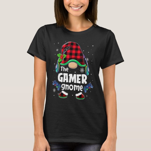 The Gamer Gnome Buffalo Plaid Christmas Matching F T-Shirt (Front)